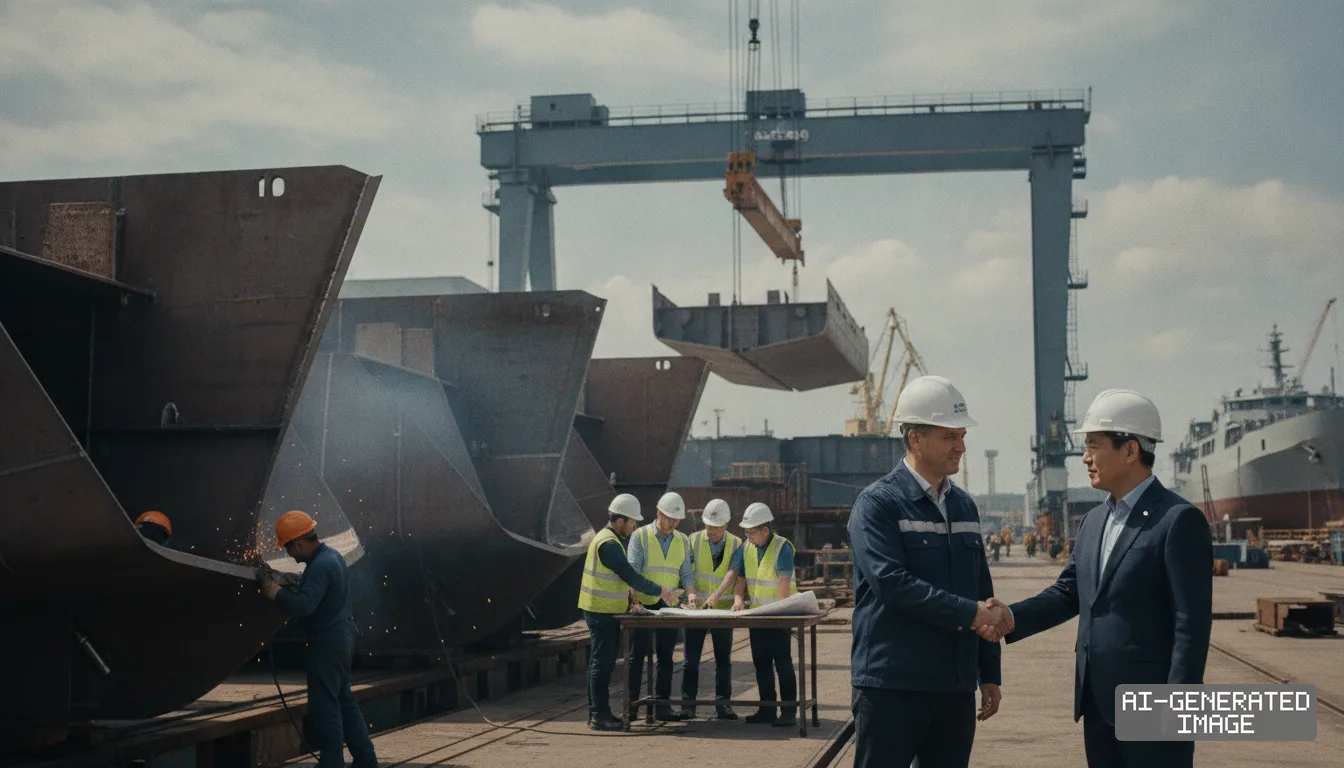 Shipyard representatives shake hands as workers assemble vessel blocks beneath a towering gantry crane. (AI-generated image)