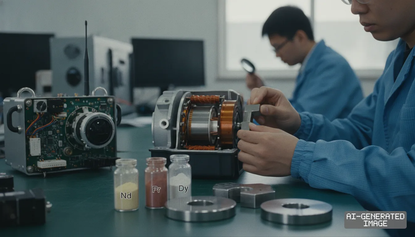 Technicians inspect motor components beside rare earth powders and magnets used for electric vehicles and defense equipment. (AI-generated image)