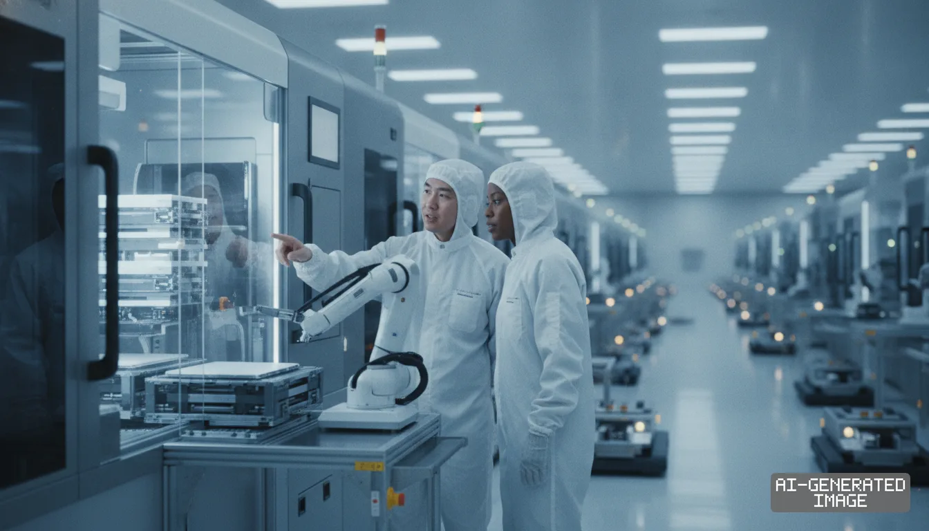 Technicians in cleanroom suits inspect automated machinery inside an advanced semiconductor fabrication facility. (AI-generated image)