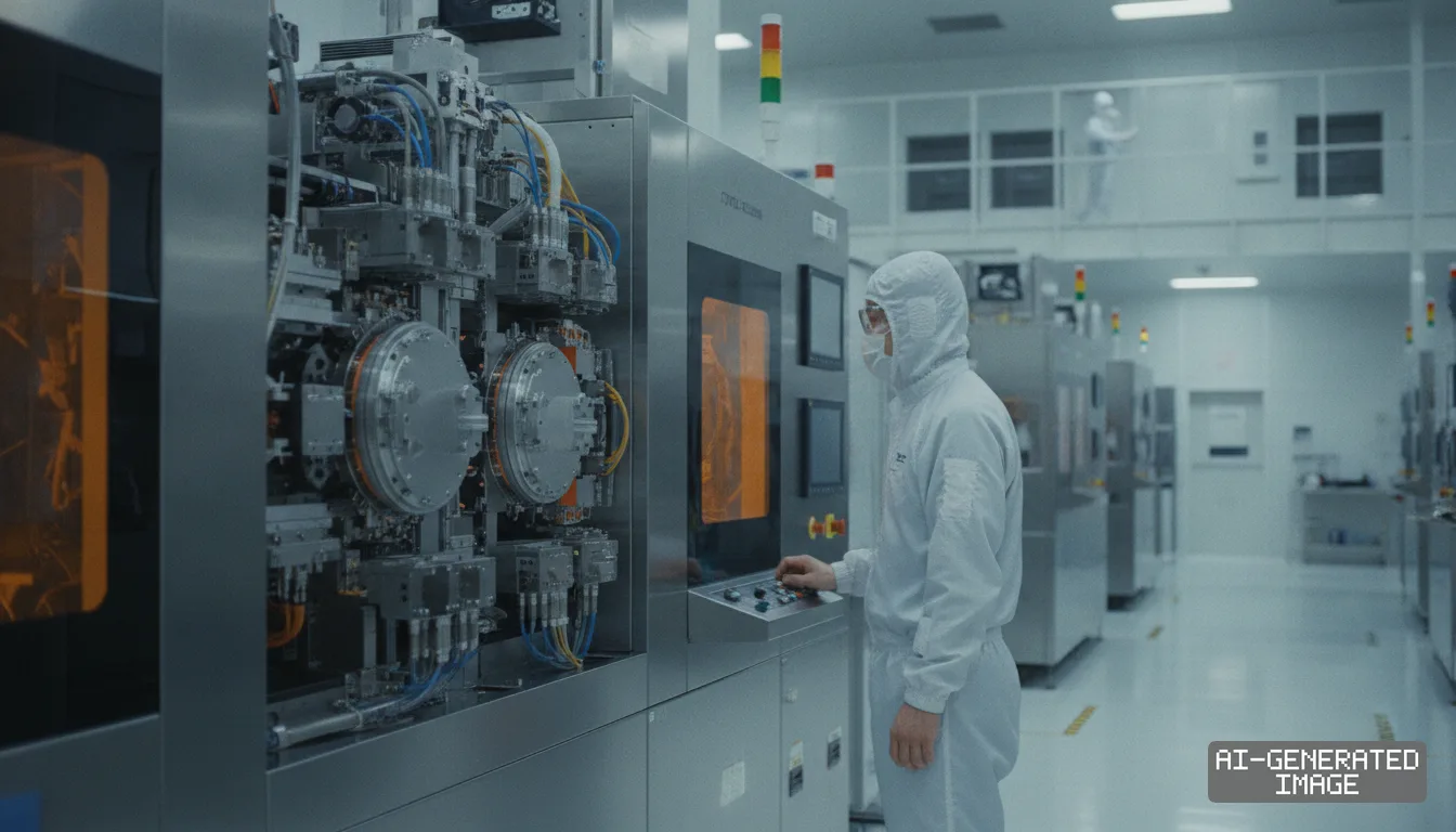 A technician in cleanroom gear operates advanced semiconductor manufacturing equipment inside a fabrication facility. (AI-generated image)
