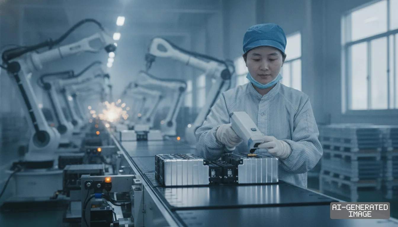 A worker scans an electric vehicle battery module along an automated assembly line equipped with industrial robotic arms. (AI-generated image)