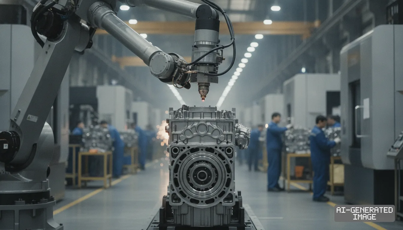 A robotic arm operates on a metal engine block along an industrial assembly line as factory workers stand in the background. (AI-generated image)