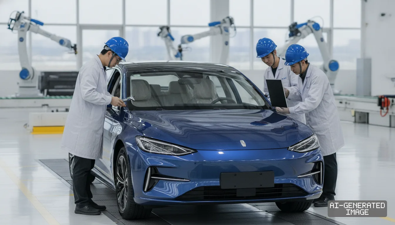 Technicians in hard hats inspect a blue BYD sedan inside a vehicle assembly plant ahead of its commercial market launch. (AI-generated image)