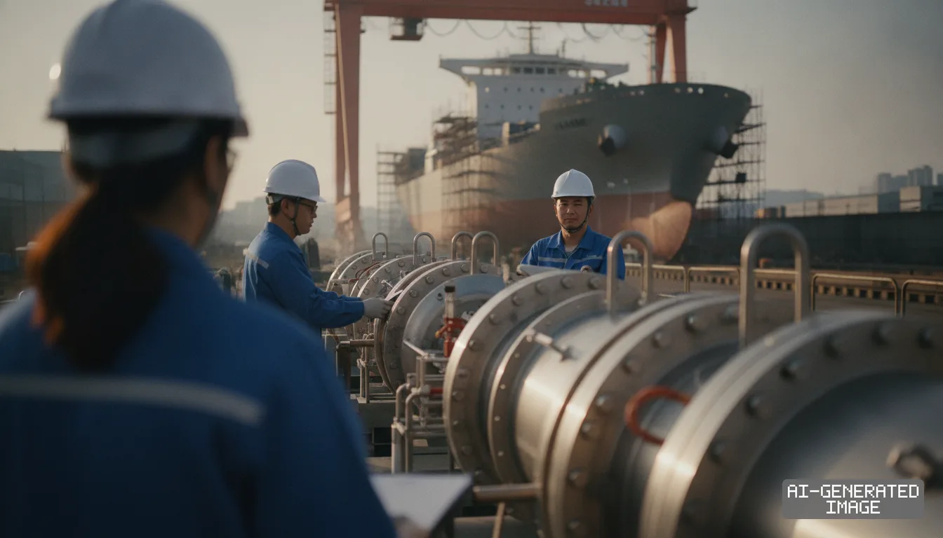 Workers inspect cylindrical industrial equipment at a shipyard with a large cargo vessel in the background. (AI-generated image)