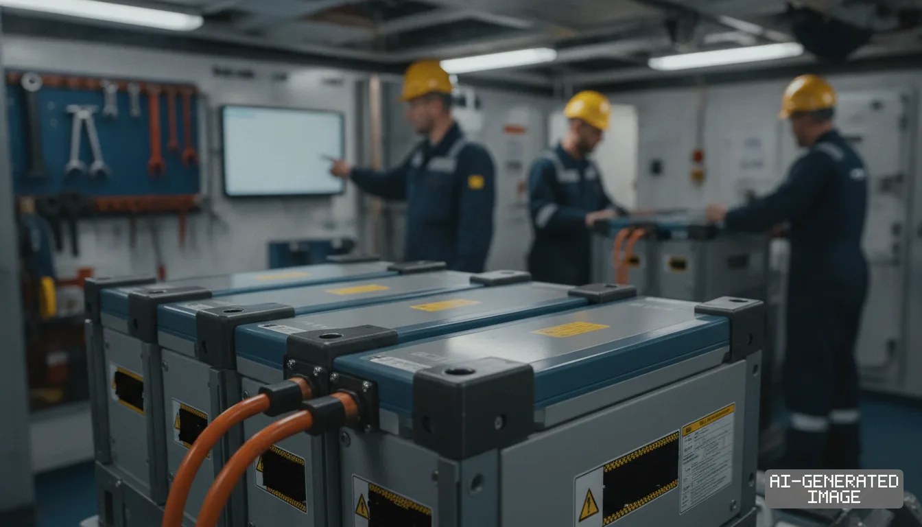 Technicians in hard hats work behind marine battery modules inside a workshop equipped with digital displays. (AI-generated image)