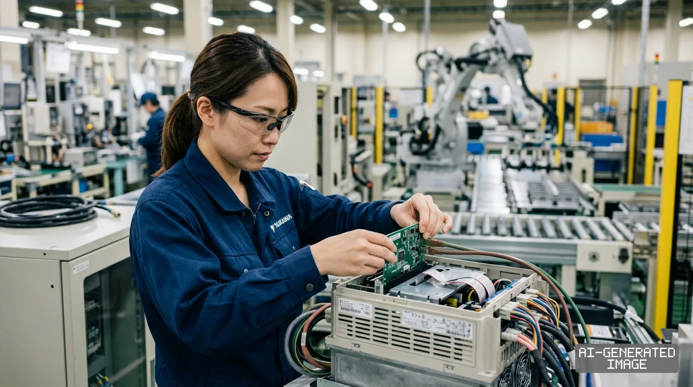 A worker installs an option card into an industrial drive unit at a Yaskawa Electric factory with robotic arms in the background. (AI-generated image)