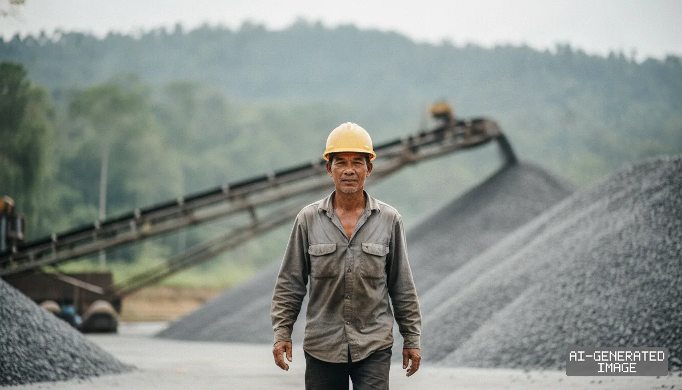A worker wearing a yellow hard hat walks in front of mineral mounds and a conveyor belt at a processing site. (AI-generated image)