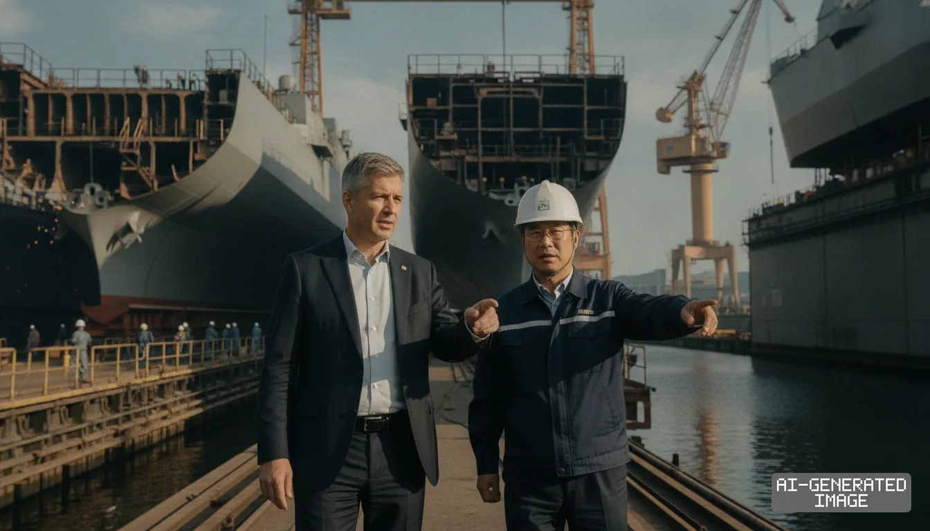 Two men walk through a shipyard and gesture toward dry dock operations alongside vessels under construction. (AI-generated image)