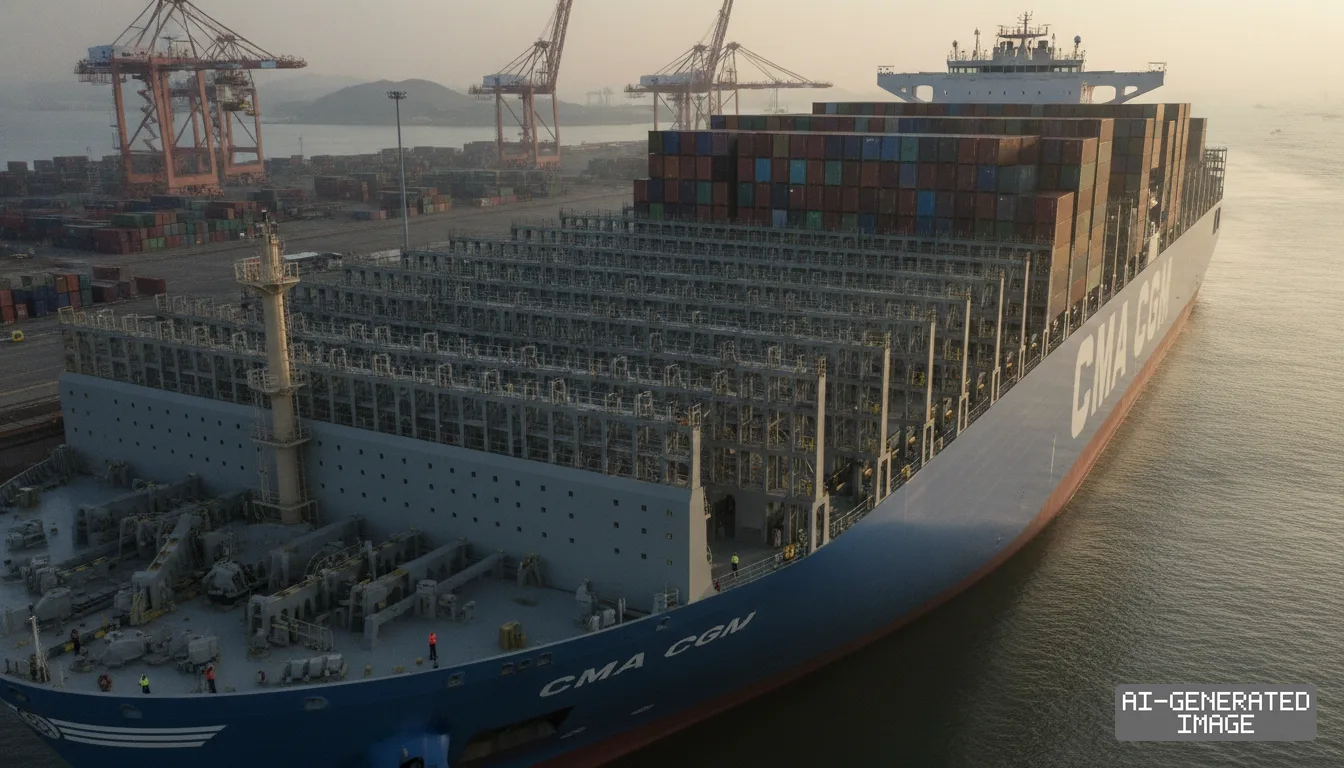 A large CMA CGM container vessel sits docked at a shipyard port with stacked shipping containers and empty cargo racks visible on deck. (AI-generated image)