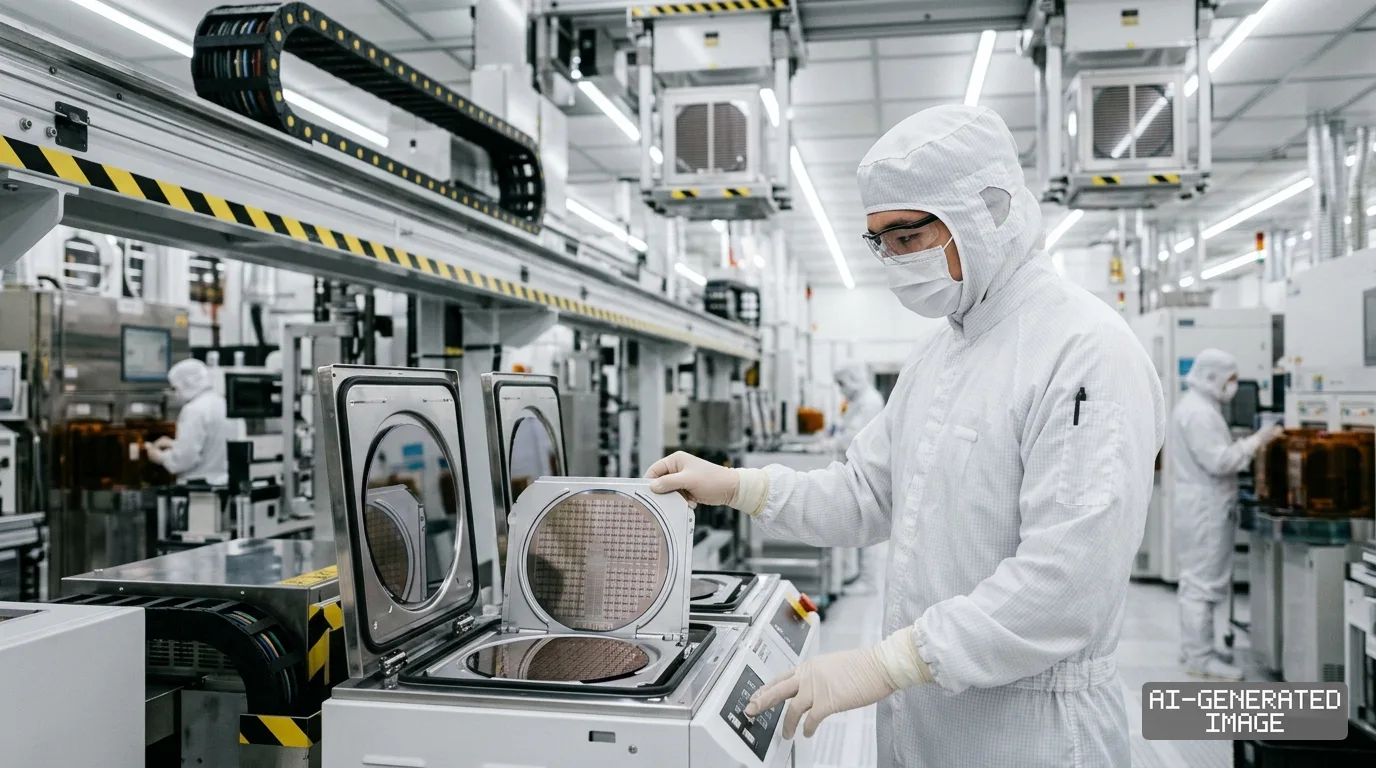 A technician in cleanroom attire inspects silicon wafers on an automated semiconductor production line. (AI-generated image)