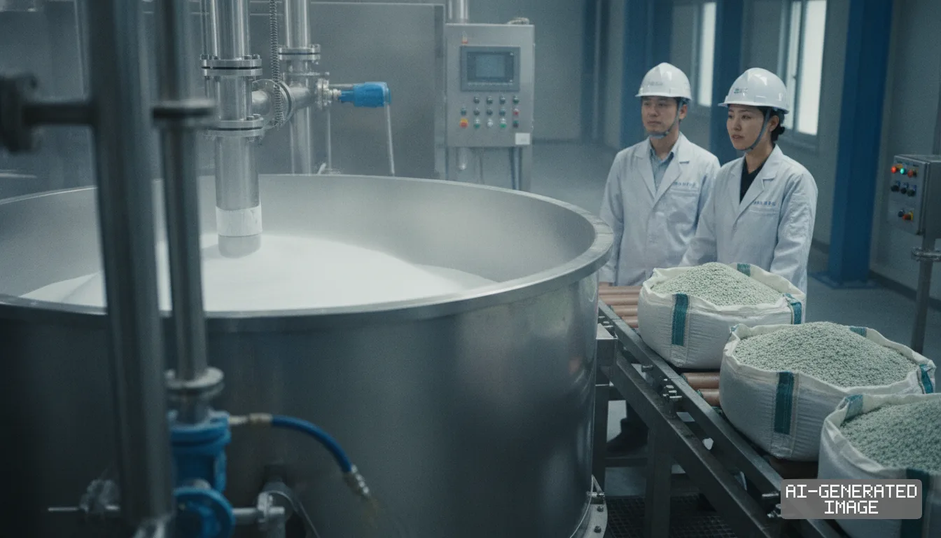 Two technicians in lab coats and hard hats monitor industrial equipment processing battery materials. (AI-generated image)