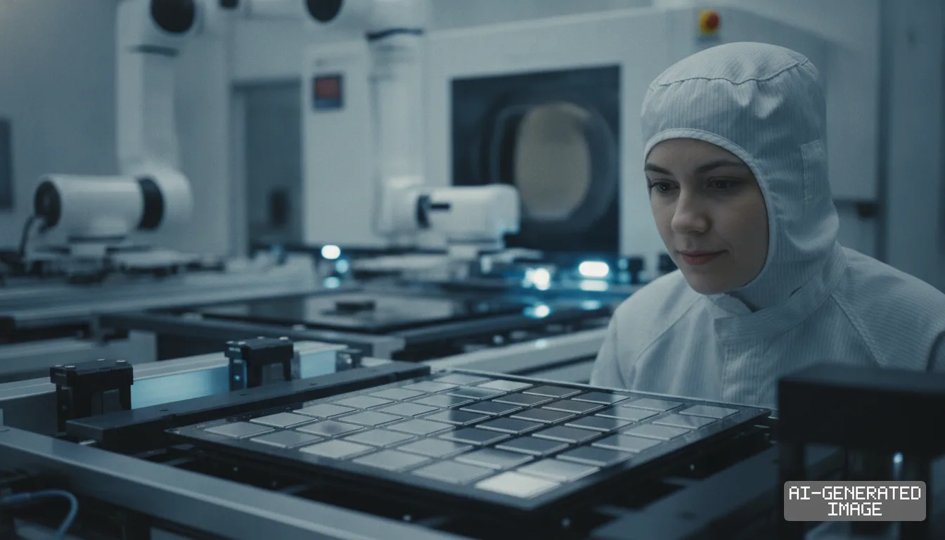 A technician in cleanroom attire inspects semiconductor components during advanced chip packaging operations. (AI-generated image)