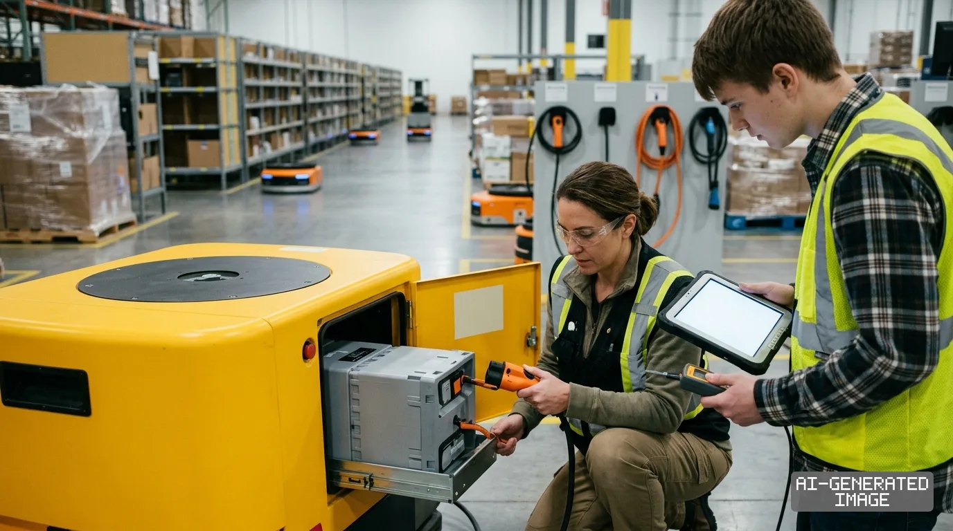 Two technicians inspect the battery system and charging connector of an autonomous robot inside a warehouse. (AI-generated image)