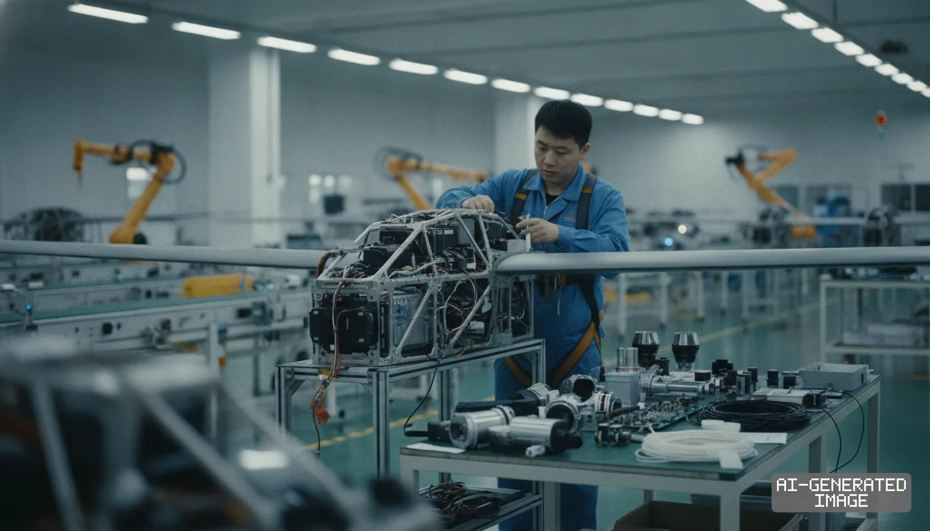 A technician works on the internal electronics of an unmanned aircraft inside a drone manufacturing facility. (AI-generated image)