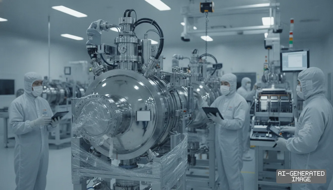 Technicians in cleanroom suits inspect semiconductor process chambers using digital tablets inside a manufacturing facility. (AI-generated image)