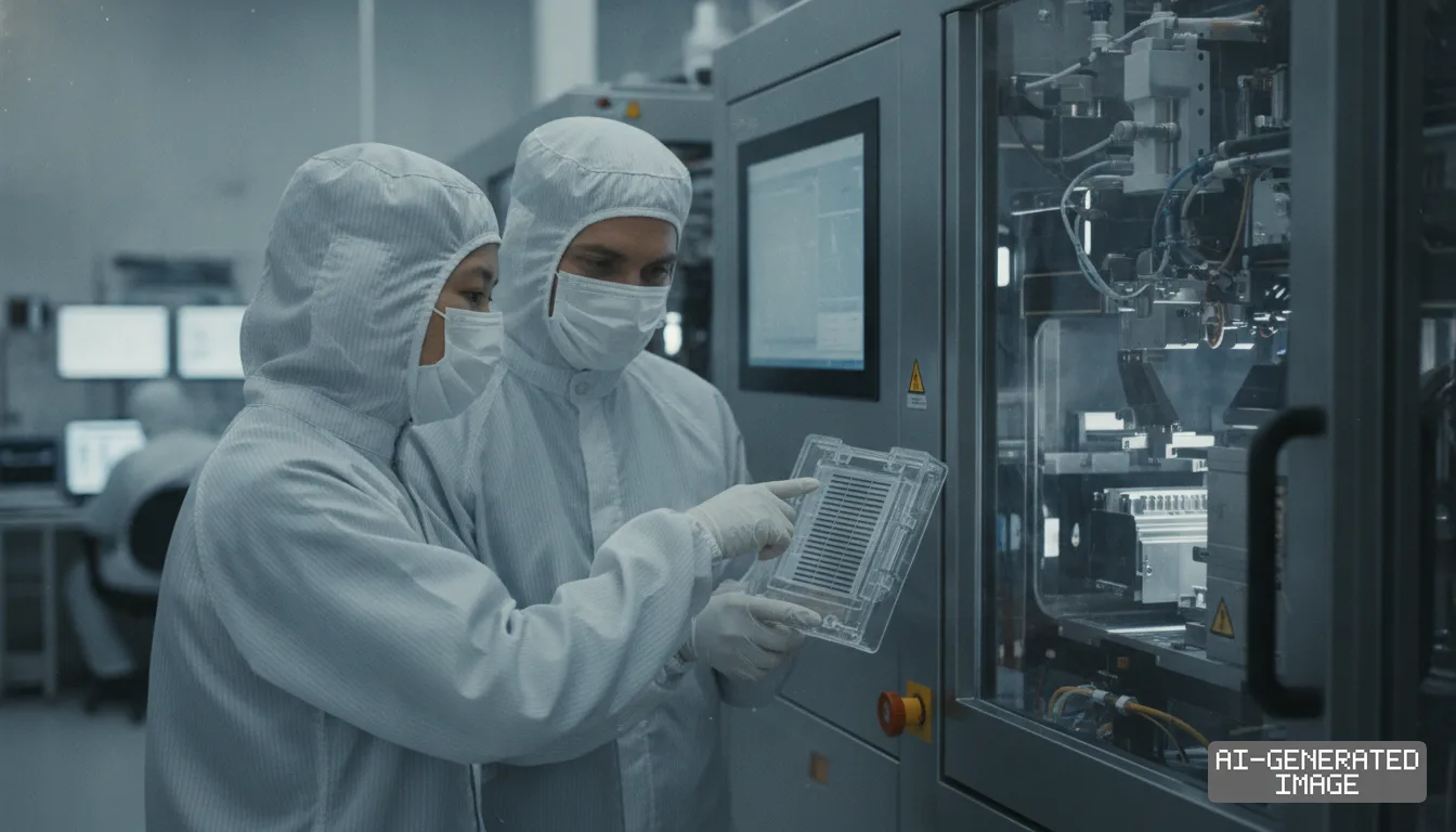 Engineers in cleanroom suits inspect a semiconductor component beside advanced machinery at a chip development facility. (AI-generated image)