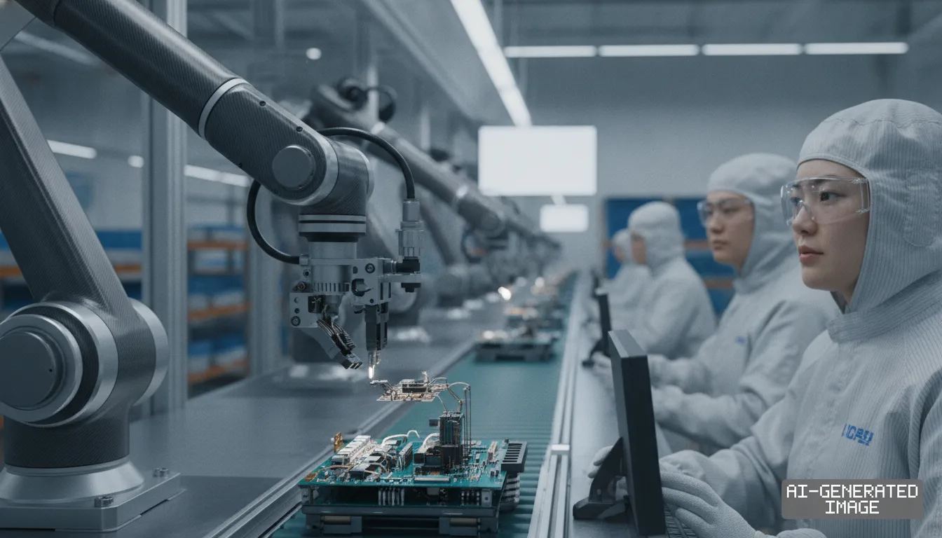 Workers in cleanroom suits monitor robotic arms assembling circuit boards along an electronics assembly line. (AI-generated image)
