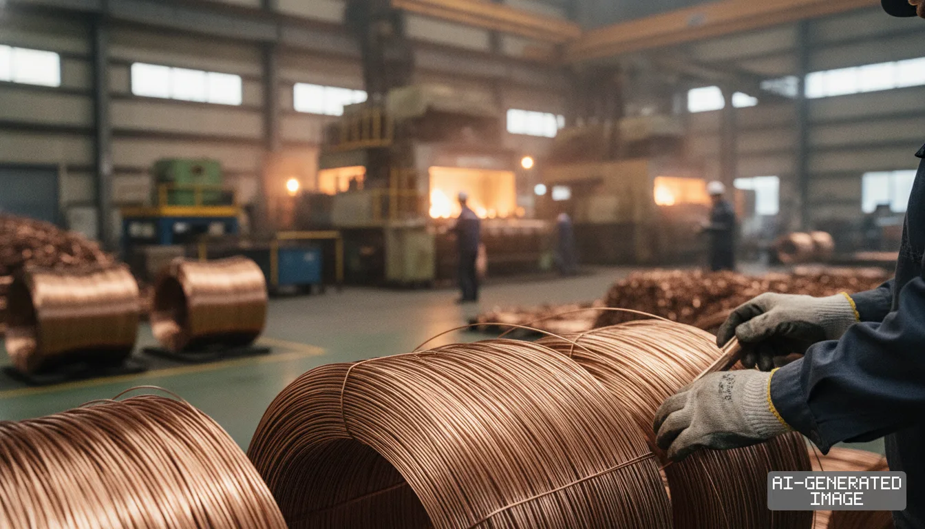 A worker inspects heavy coils of copper wire inside a metal processing facility as furnaces glow in the background. (AI-generated image)