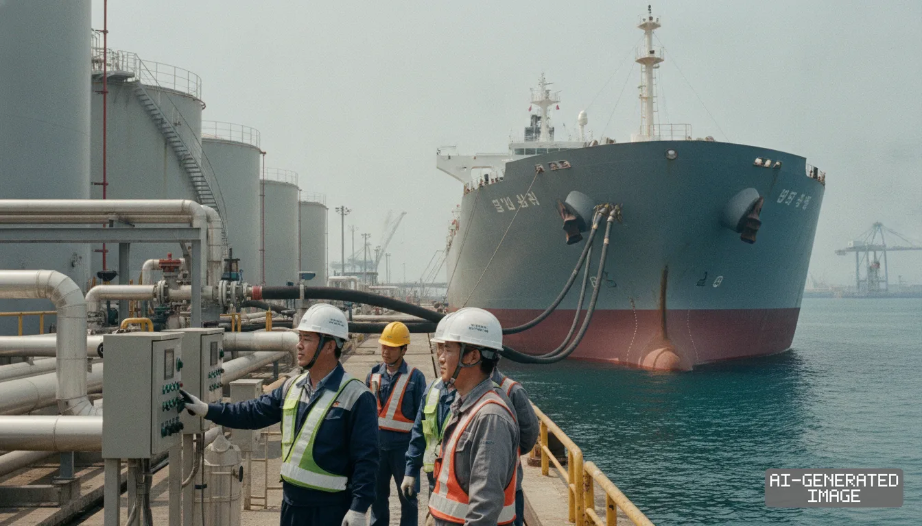 Workers operate pipeline controls near storage tanks as hoses connect to a large tanker docked at a coastal port. (AI-generated image)
