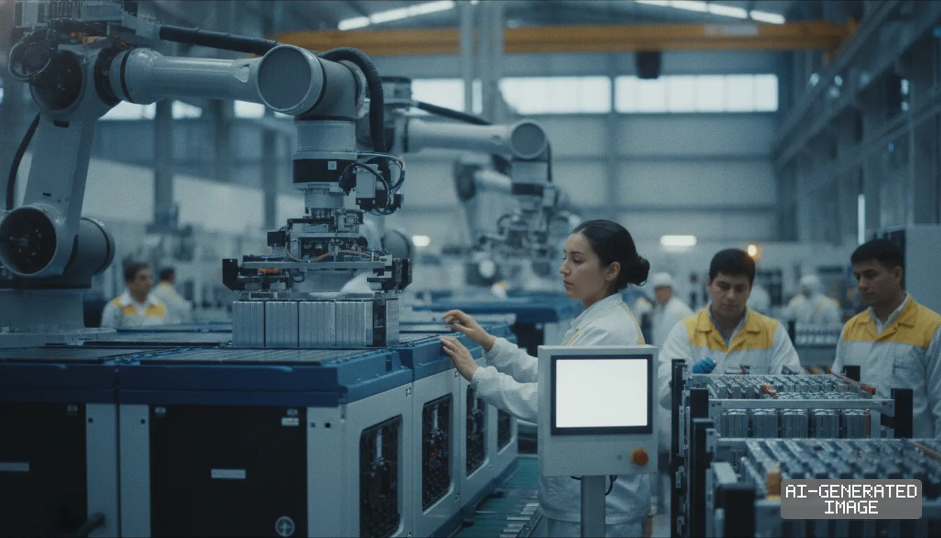 Workers oversee robotic arms assembling battery modules along an automated production line inside a manufacturing plant. (AI-generated image)