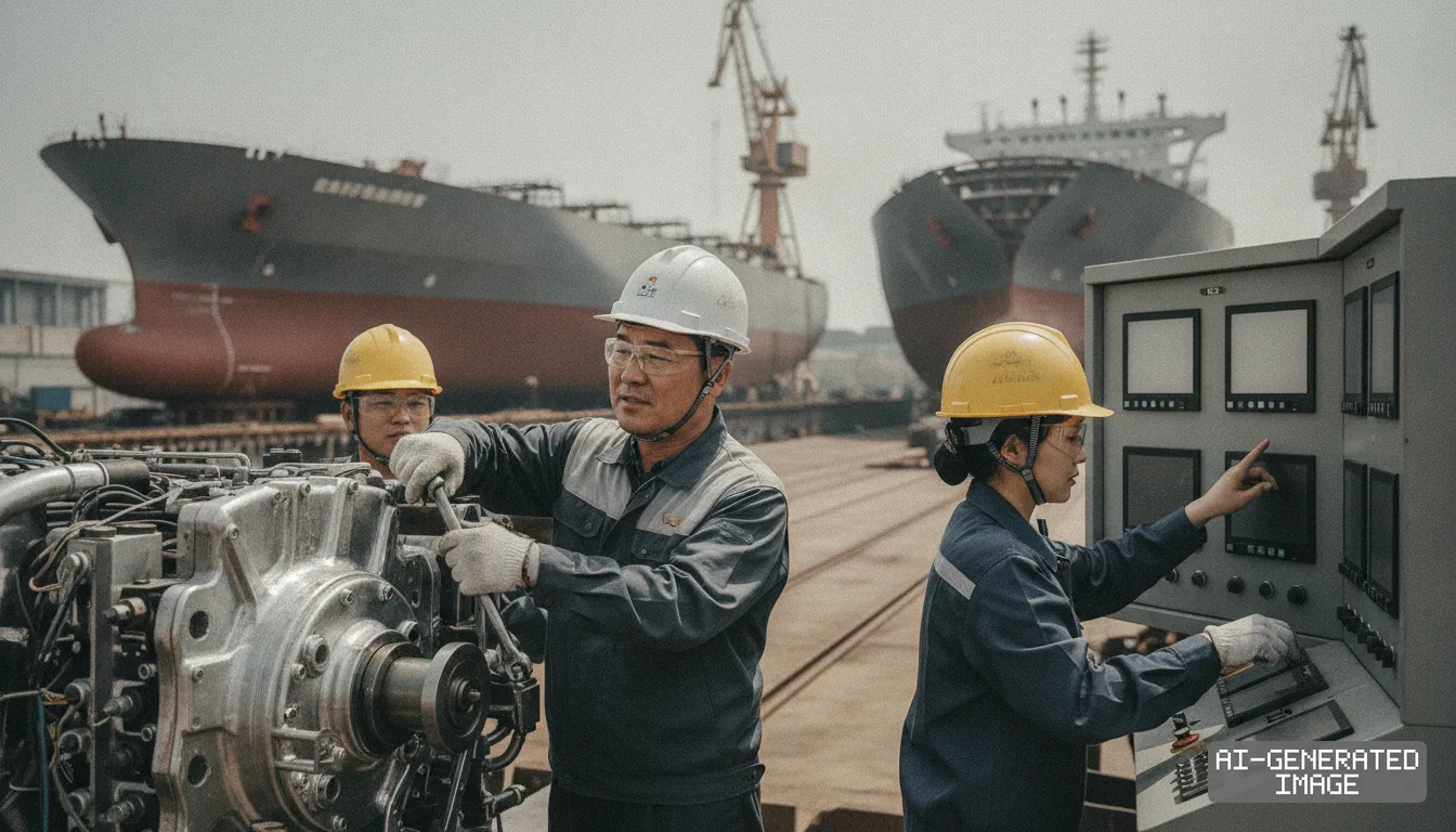 Workers inspect marine machinery and operate a control console at a shipyard with large cargo ships in the background. (AI-generated image)