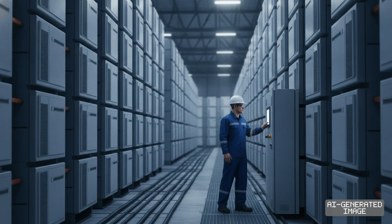 A technician operates a control panel among rows of battery units inside an energy storage system facility. (AI-generated image)