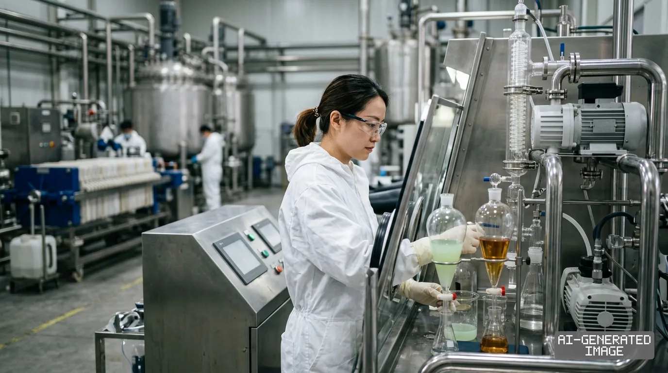 A technician in protective gear tests chemical solutions inside an industrial processing facility. (AI-generated image)