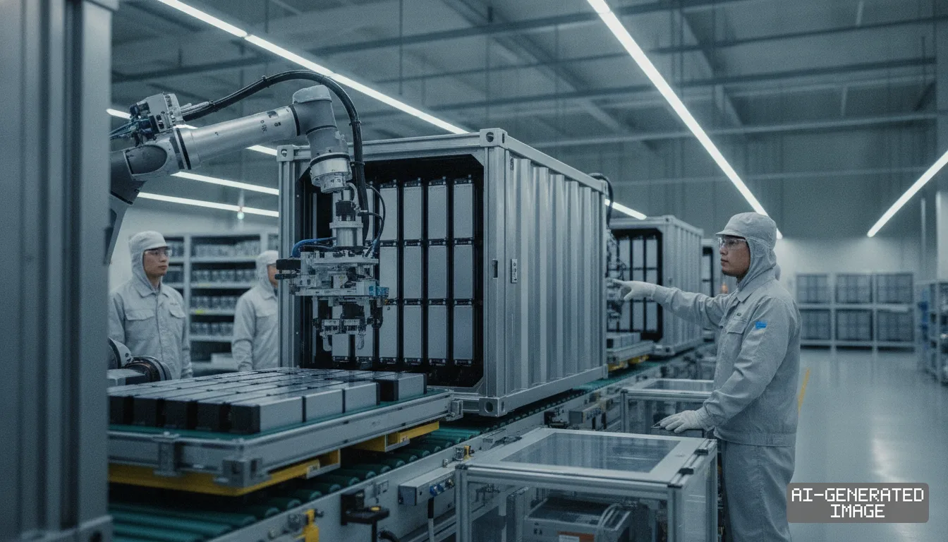 Factory technicians oversee an automated robotic arm packaging battery modules into large containerized energy storage units. (AI-generated image)