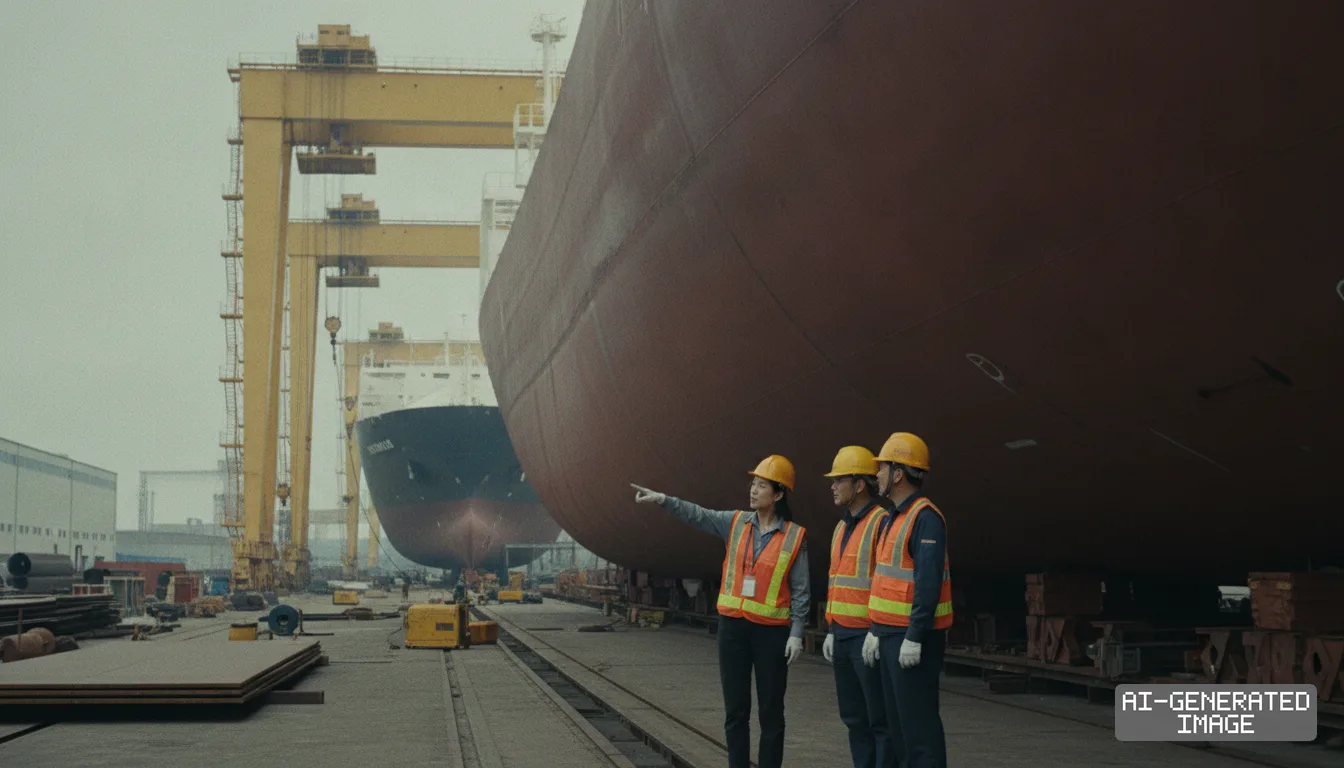 Shipyard workers wearing hard hats and safety vests inspect large commercial vessels under construction. (AI-generated image)
