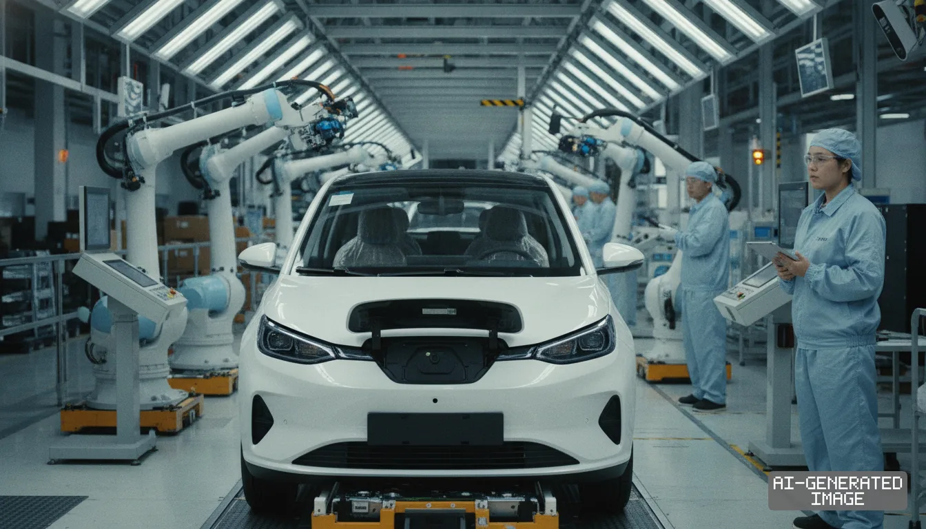 Workers monitor a white electric car positioned on an automated assembly line with robotic arms. (AI-generated image)