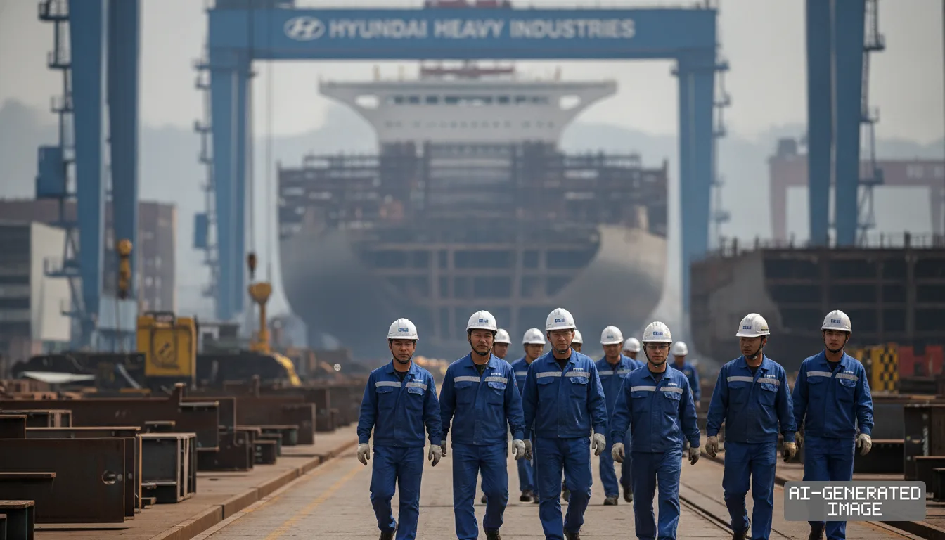 Shipyard workers walk through a Hyundai Heavy Industries shipyard as the company and its labor union prepare to resume wage talks. (AI-generated image)