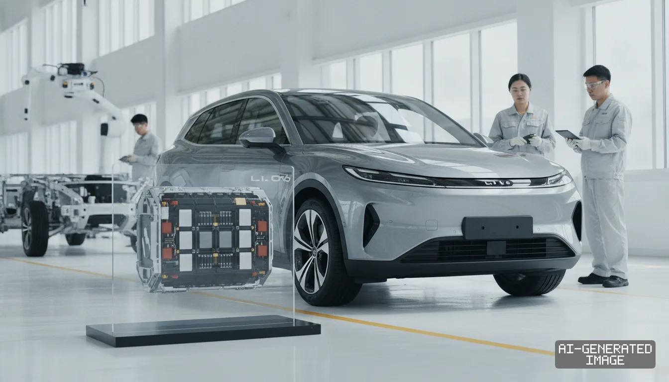 Factory workers inspect an electric sport utility vehicle alongside a battery pack display inside an automotive assembly plant. (AI-generated image)