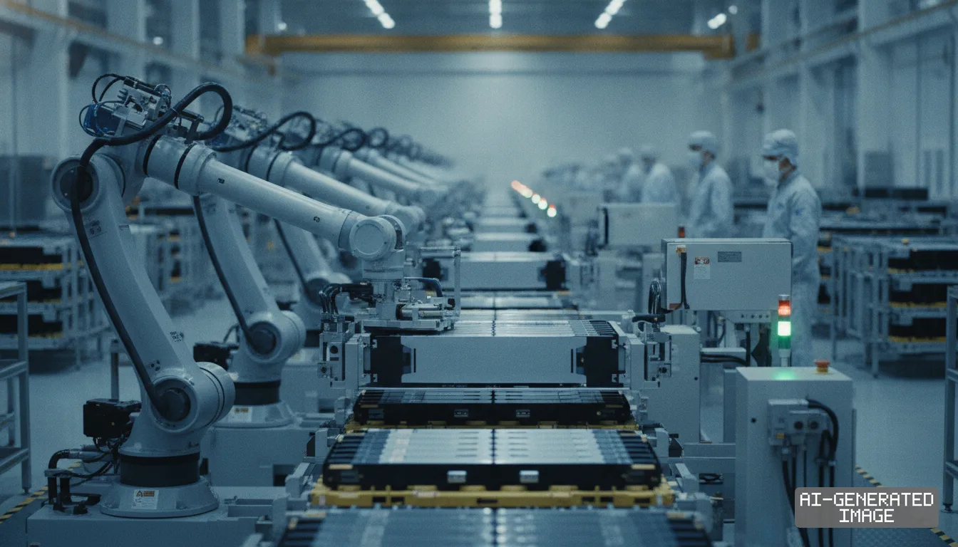 Robotic arms assemble electric vehicle battery packs on an automated production line as workers in cleanroom suits stand in the background. (AI-generated image)