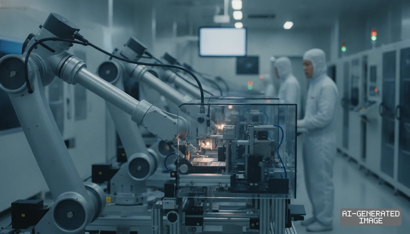 Robotic arms operate along an automated assembly line while workers in protective cleanroom suits monitor manufacturing equipment. (AI-generated image)
