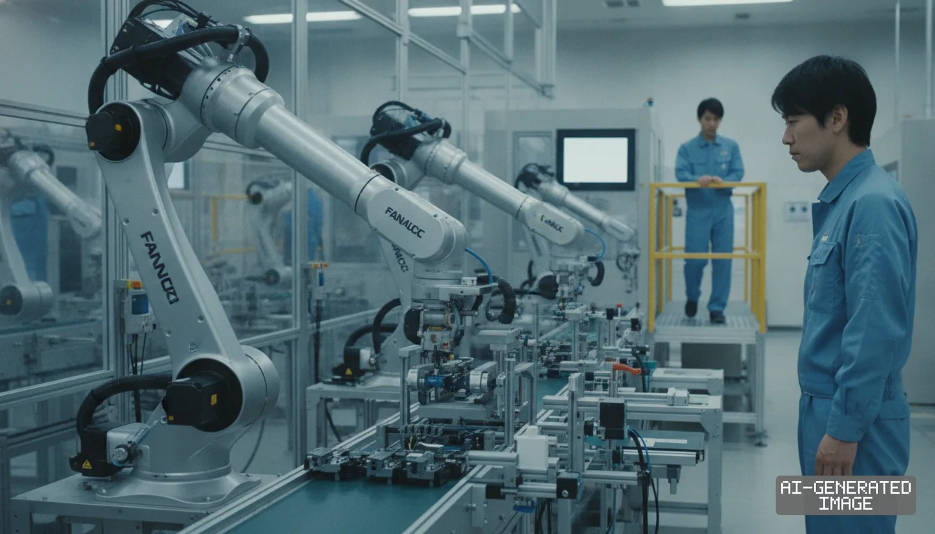 Workers monitor industrial robot arms operating along an automated assembly line in a modern factory. (AI-generated image)