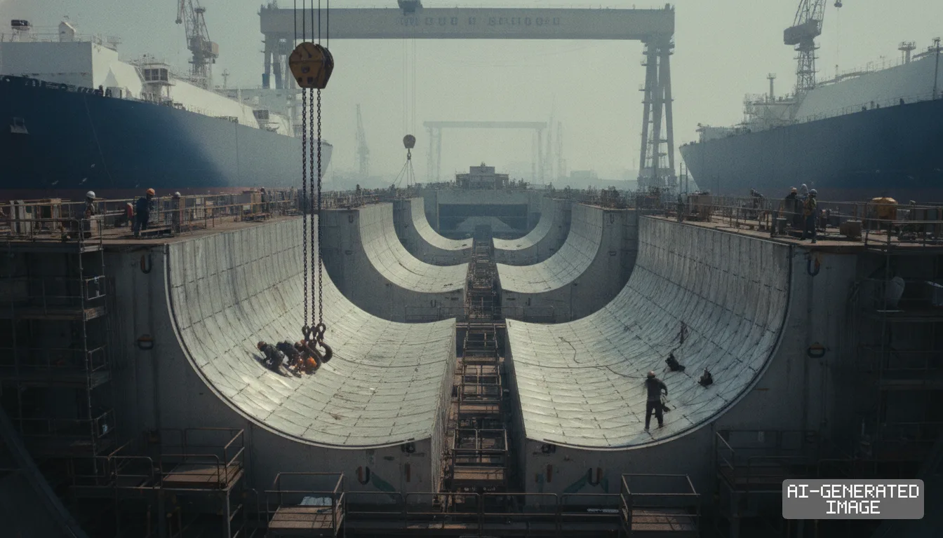 Workers assemble curved cargo containment tank sections for a liquefied natural gas carrier in a shipyard. (AI-generated image)