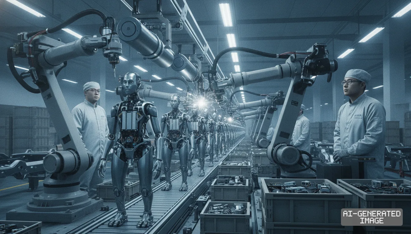 Robotic arms assemble humanoid robots on an automated factory line as technicians oversee the manufacturing process. (AI-generated image)