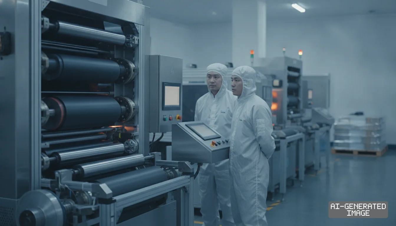 Two technicians in cleanroom suits monitor automated roller machinery inside a battery production facility. (AI-generated image)