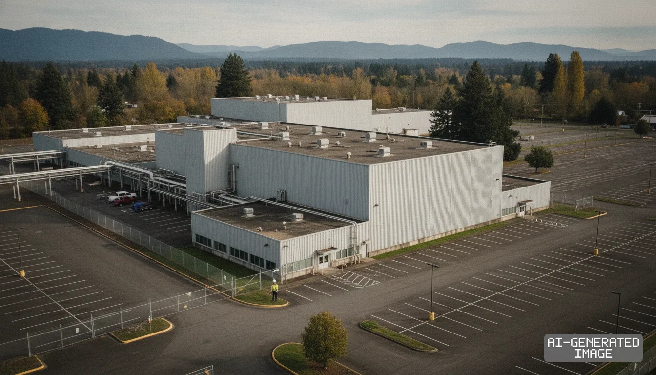 A large industrial facility stands alongside extensive parking lots on the former SK hynix semiconductor campus in Eugene, Oregon. (AI-generated image)