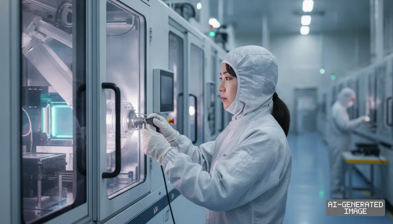 A technician in protective cleanroom attire operates equipment inside a semiconductor manufacturing facility. (AI-generated image)
