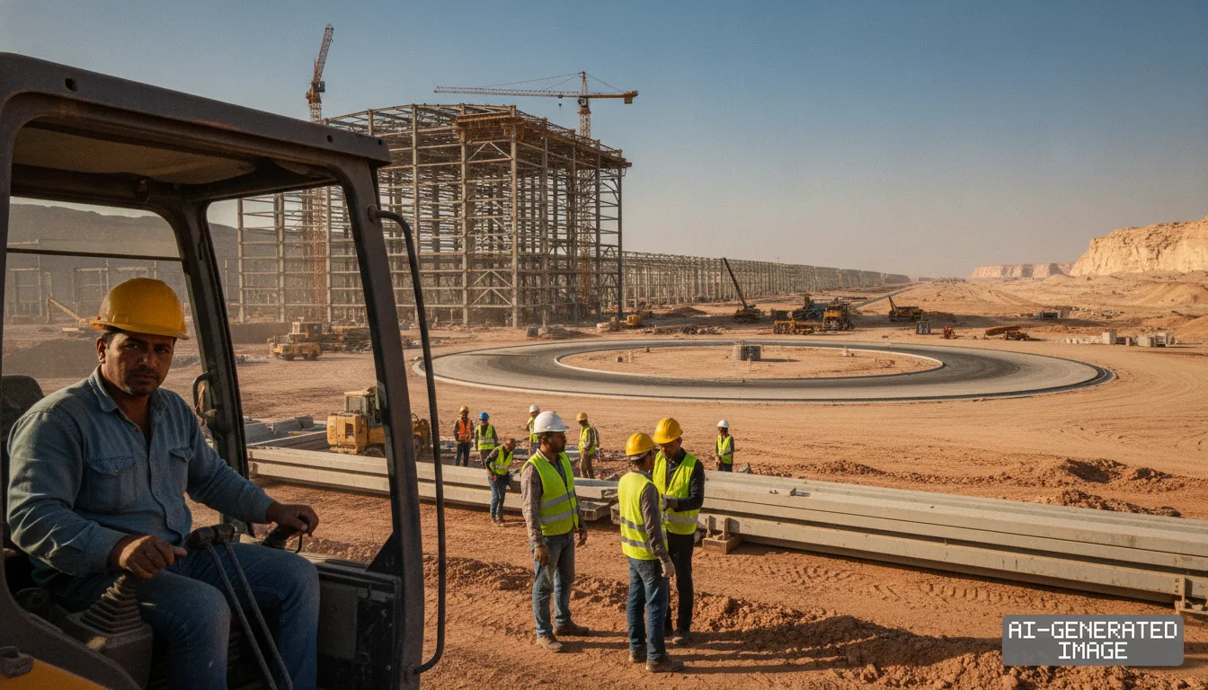 Construction workers gather near heavy machinery at a sprawling desert development site for an industrial production complex in Egypt. (AI-generated image)