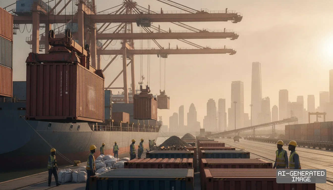 Dockworkers stand near shipping containers and cargo as large cranes unload a vessel against the backdrop of a city skyline. (AI-generated image)