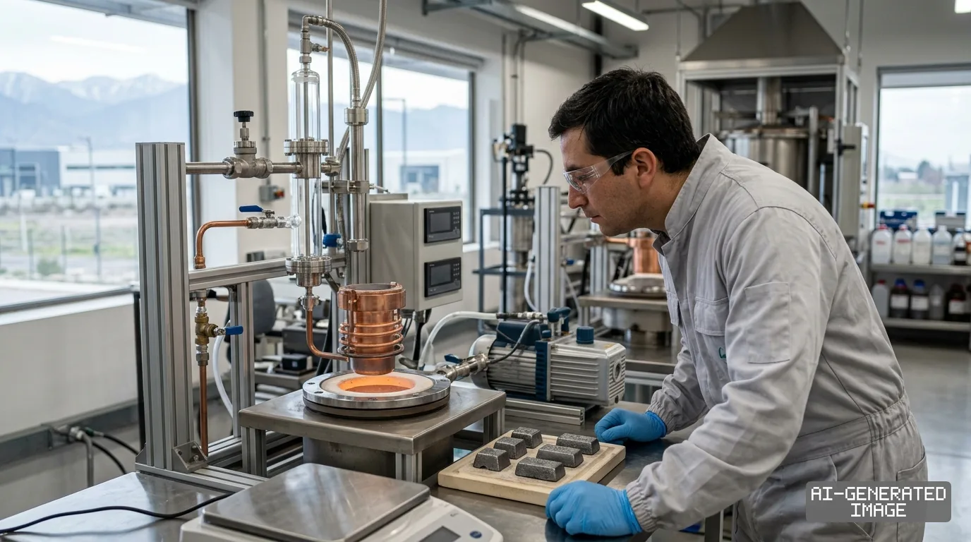 A technician observes metallurgical equipment near a tray of metal ingots at a demonstration facility for rare-earth alloys. (AI-generated image)