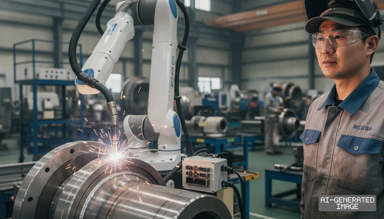 A worker monitors a robotic arm as it welds a large cylindrical metal component inside an industrial fabrication facility. (AI-generated image)