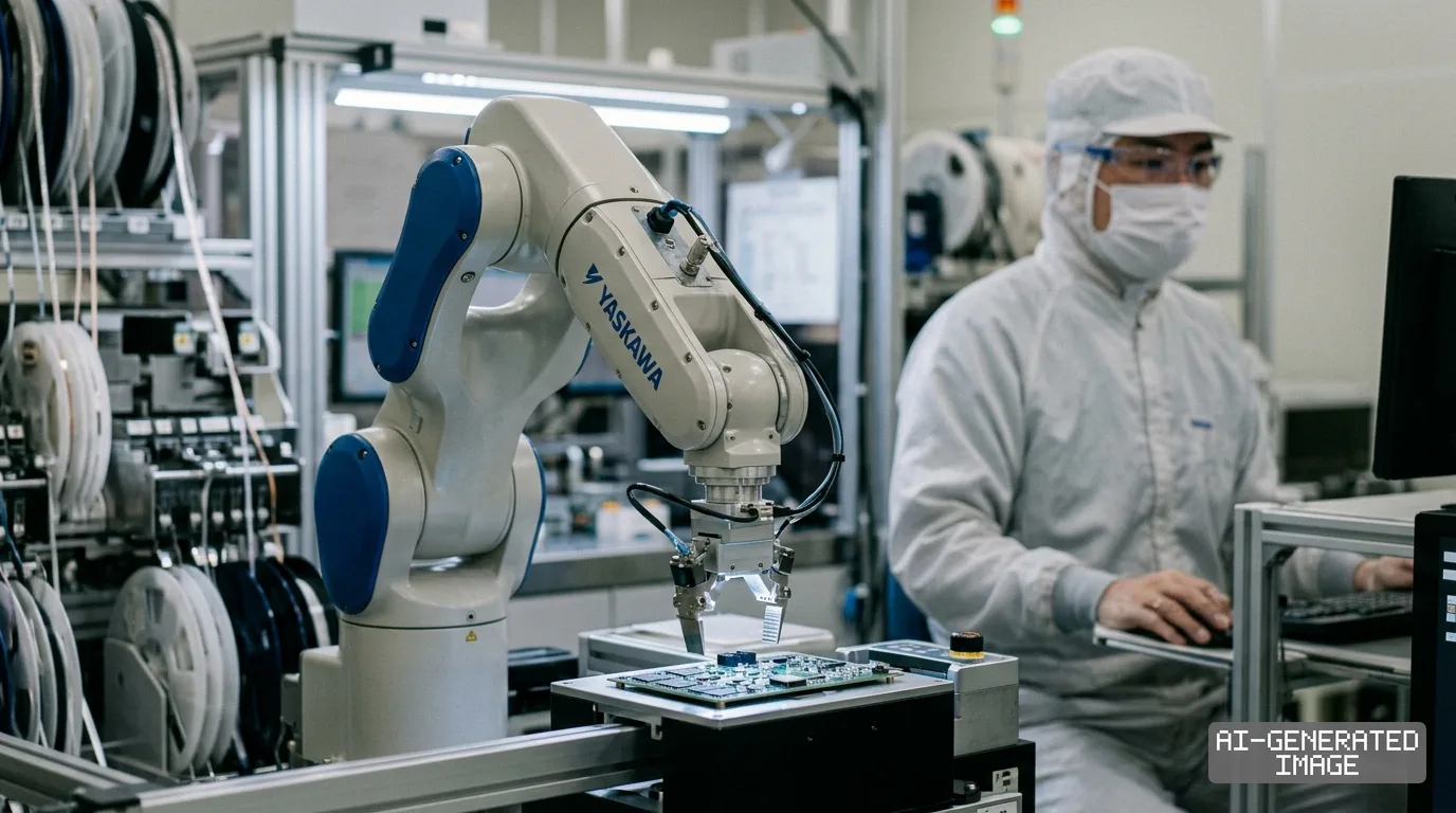 A Yaskawa robotic arm operates over a circuit board while a technician in cleanroom attire works at a nearby computer. (AI-generated image)