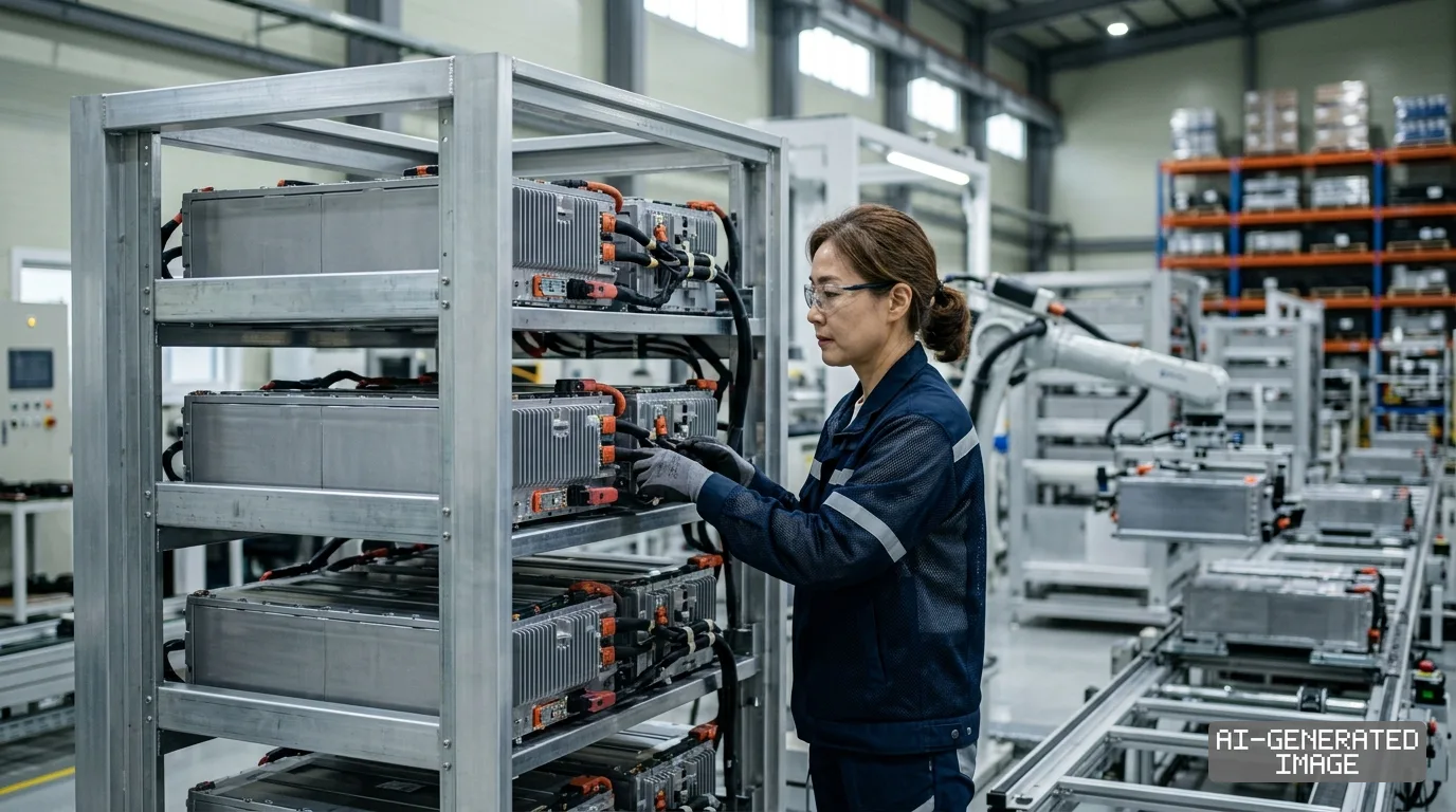 A worker inspects battery modules arranged on a metal rack along an automated assembly line in a manufacturing plant. (AI-generated image)