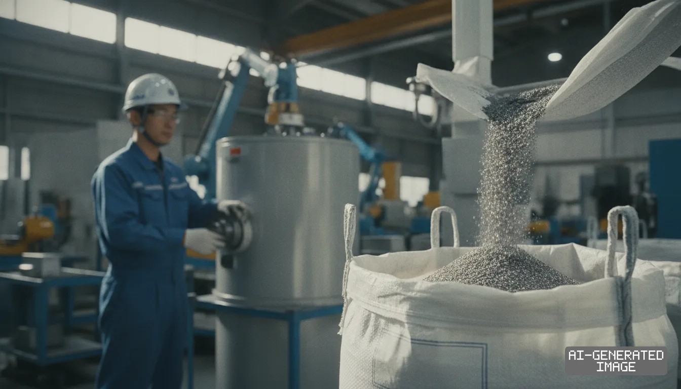 A worker monitors industrial machinery as processed tungsten material pours into a large bulk bag at a manufacturing plant. (AI-generated image)