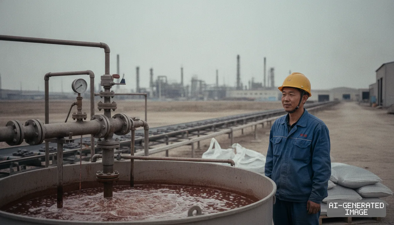 A worker in a hard hat stands beside a processing vat and pipeline at a rare earth refining complex in China. (AI-generated image)