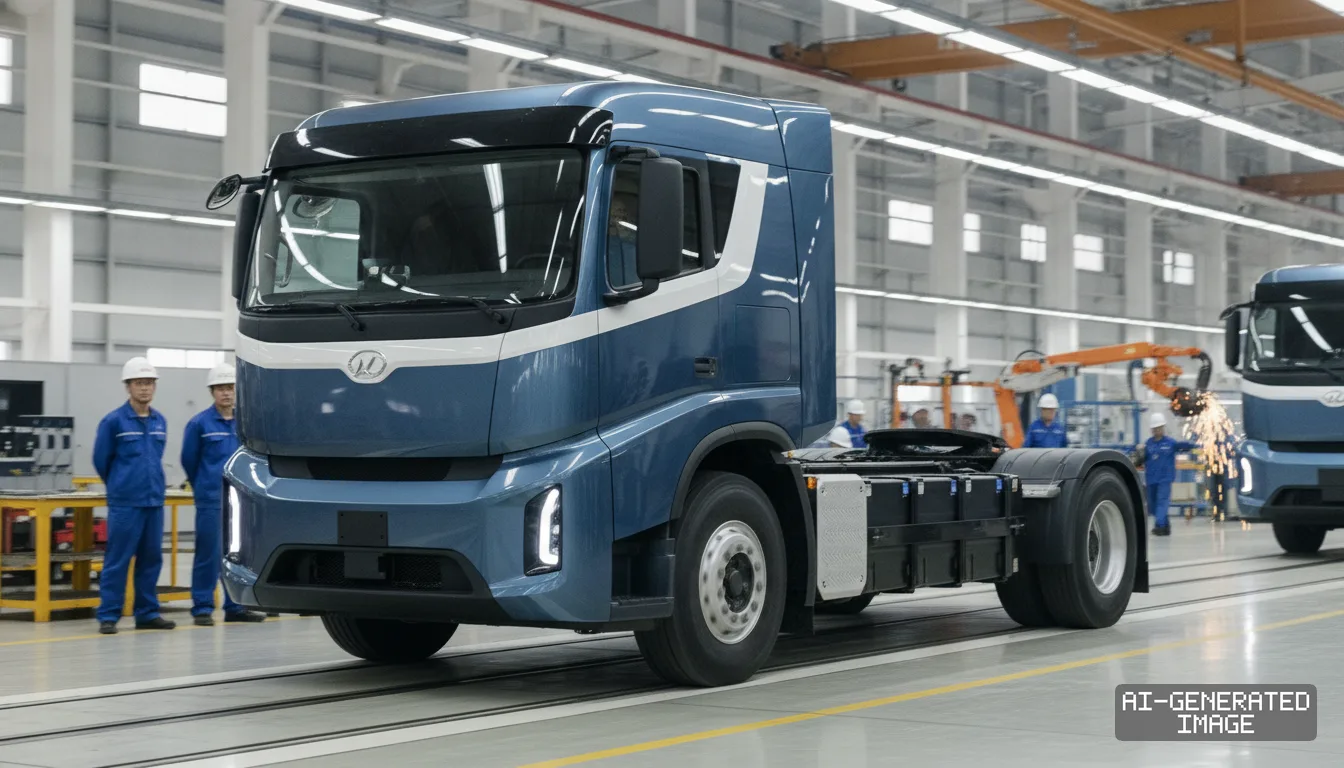 Workers observe a blue electric semi-truck moving along an assembly line inside a vehicle manufacturing plant. (AI-generated image)