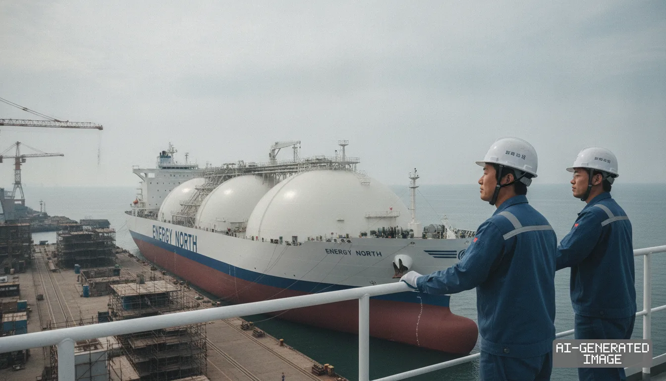 Two shipyard workers observe the liquefied gas carrier Energy North docked at a shipyard. (AI-generated image)
